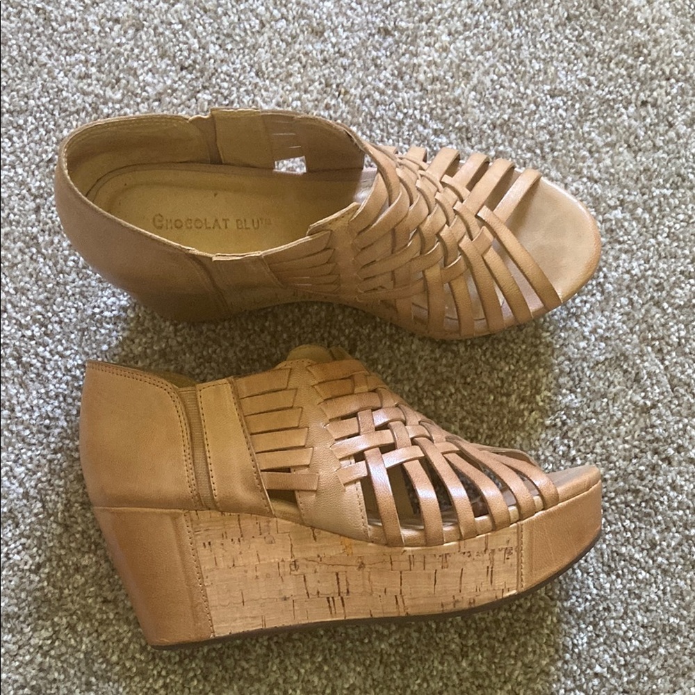 Chocolat Blu Tan Woven Leather Wedges